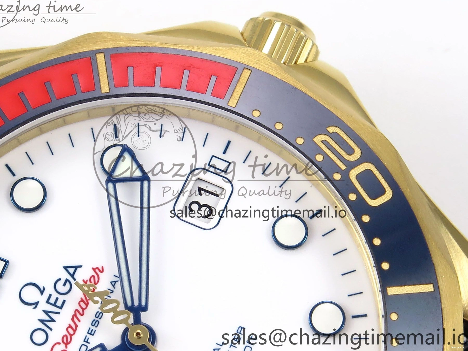 0408 Seamaster 300m Diver YG OMF 1:1 Best Edition Blue Orange Ceramic White Dial on Blue Nato Strap A Colorful 7704